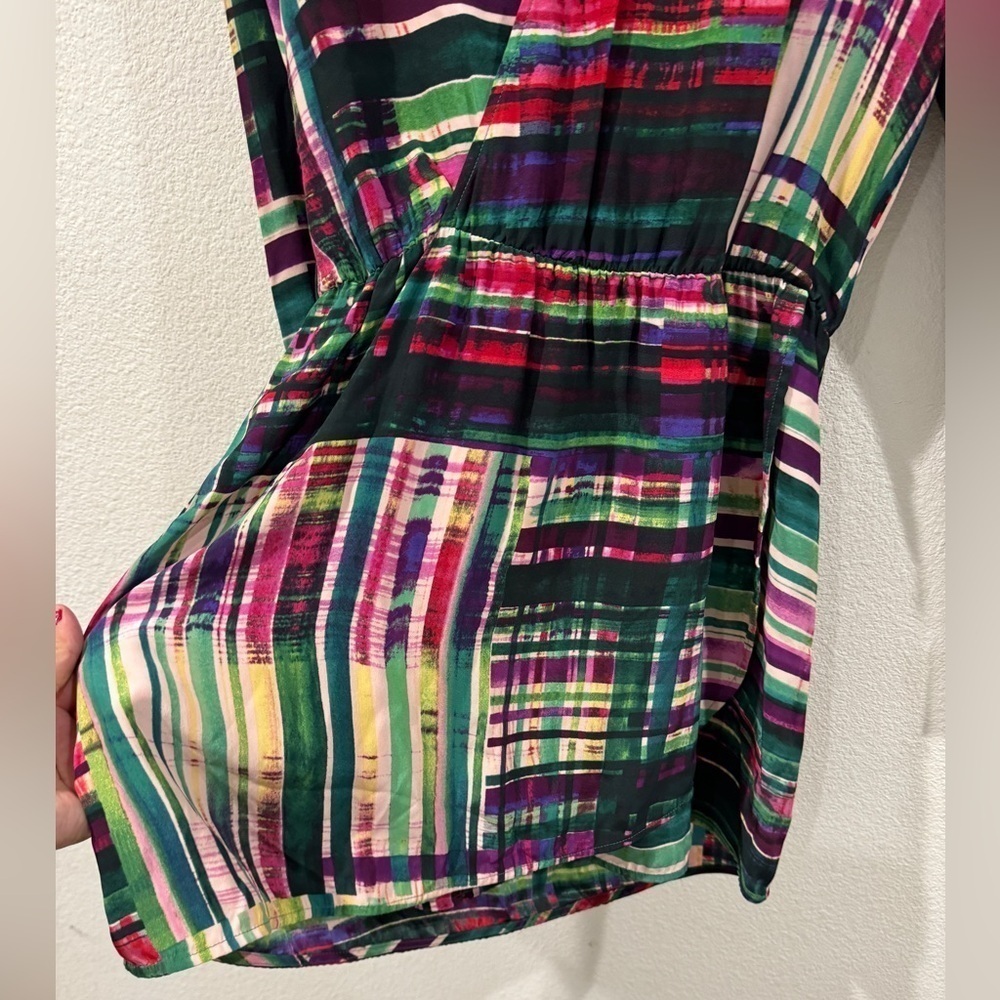 Parker 100% Silk Faux Wrap Surplice Neckline Long Sleeve Mini Colorful Dress S - Picture 12 of 14